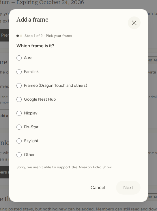 The Add a frame window at its first step, asking Which frame is it? above a list of frame brands to choose from.