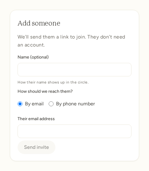 The Add someone section of the Members page: the Name (optional) box, a choice of By email or By phone number, a box for their email address or phone number, and the Send invite button.