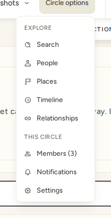 The Circle options menu, open, in two groups: Explore, starting with Search, and This circle, with Members, Notifications, and Settings.